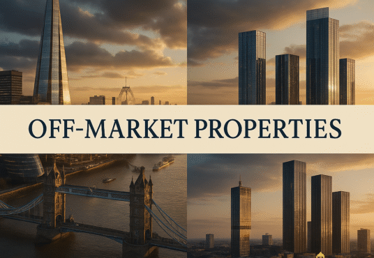 Property for sale A collage of modern city buildings and a bridge at sunset, with the text "OFF-MARKET PROPERTIES"—highlighting exclusive off-market properties London—and a "Palace Auctions" logo at the bottom right. Presented by Palace Auctions