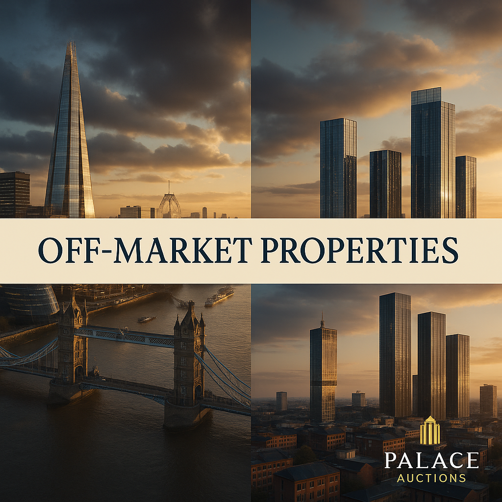 Property for sale A collage of modern city buildings and a bridge at sunset, with the text "OFF-MARKET PROPERTIES"—highlighting exclusive off-market properties London—and a "Palace Auctions" logo at the bottom right. Presented by Palace Auctions