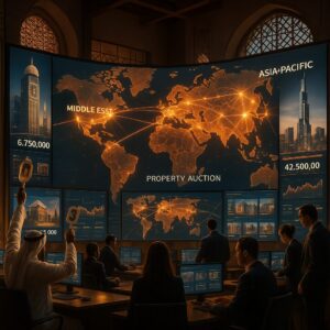 Property for sale A group of people in suits and traditional attire participate in a high-tech Palace Auctions International event, where a large digital map highlights the Global Property Auction Network connecting cities across the Middle East and Asia-Pacific. Presented by Palace Auctions