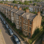 Property for sale A row of traditional brick terraced houses with bay windows and small front gardens lines Orbel Street SW11, making it an ideal Battersea property investment, viewed from above in a residential neighborhood with parked cars. Presented by Palace Auctions
