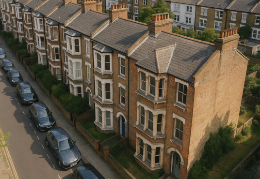 Property for sale A row of traditional brick terraced houses with bay windows and small front gardens lines Orbel Street SW11, making it an ideal Battersea property investment, viewed from above in a residential neighborhood with parked cars. Presented by Palace Auctions