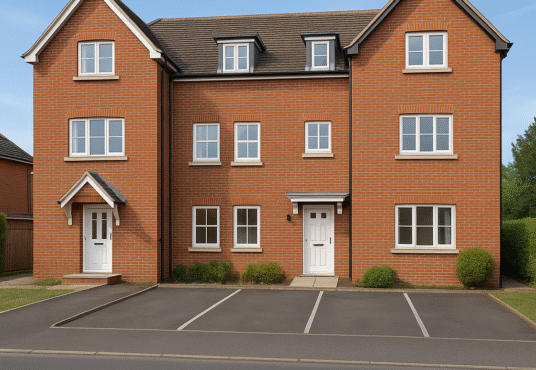 Property for sale A modern, three-story red brick apartment building with white-framed windows, ideal for HMO investment Reading seekers, featuring two white doors, a small green lawn, and paved parking on a clean street. Presented by Palace Auctions