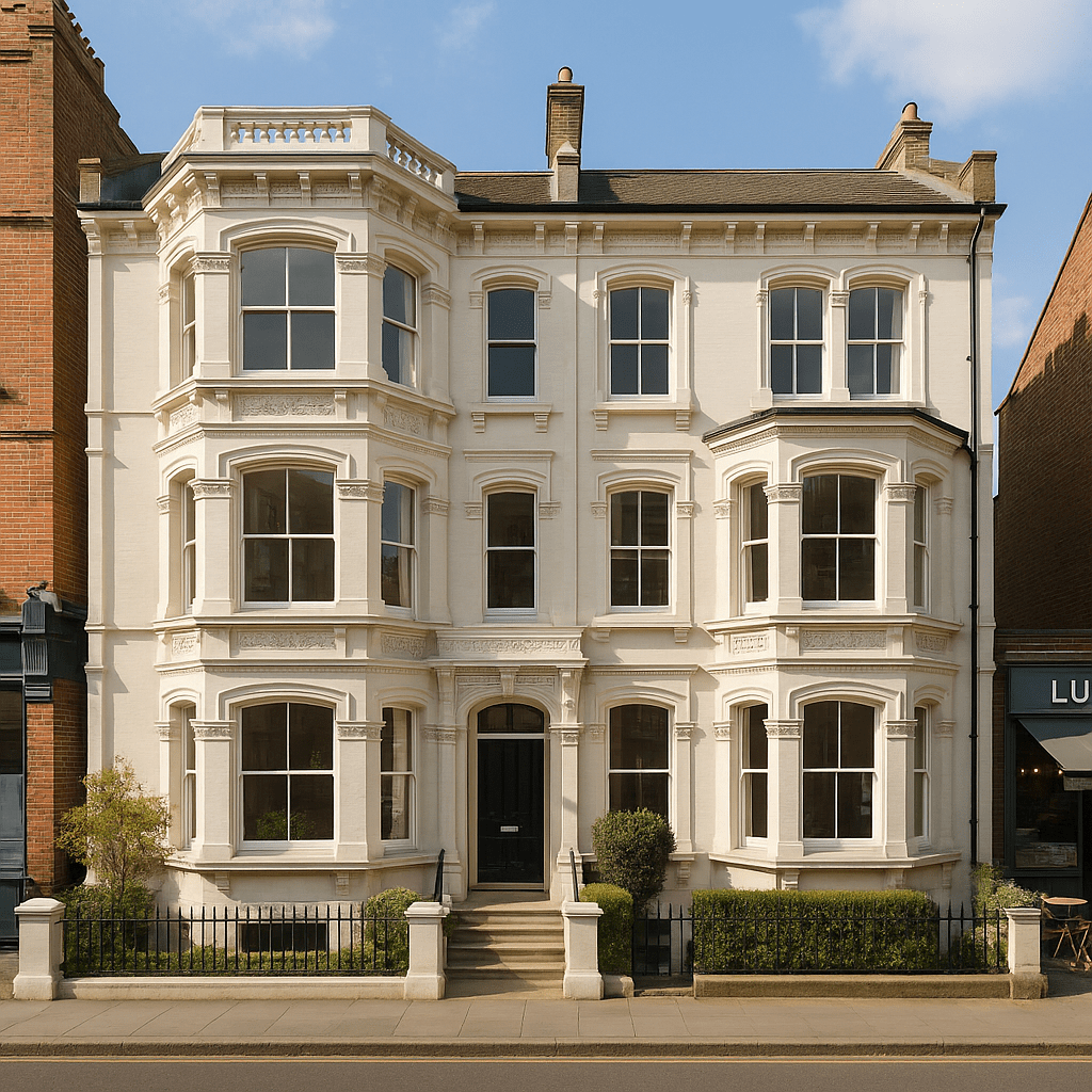 Property for sale A large, elegant Victorian-style white townhouse with bay windows and ornate detailing stands between two buildings on a sunny day—an ideal South Norwood BMV property opportunity for those seeking historic charm and investment potential. Presented by Palace Auctions