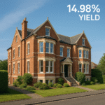 Property for sale A large, elegant brick house with manicured hedges and lawn, ideal as a Clacton licensed hostel investment. Text in the top right corner reads “14.98% YIELD.” The sky is clear and blue. Presented by Palace Auctions