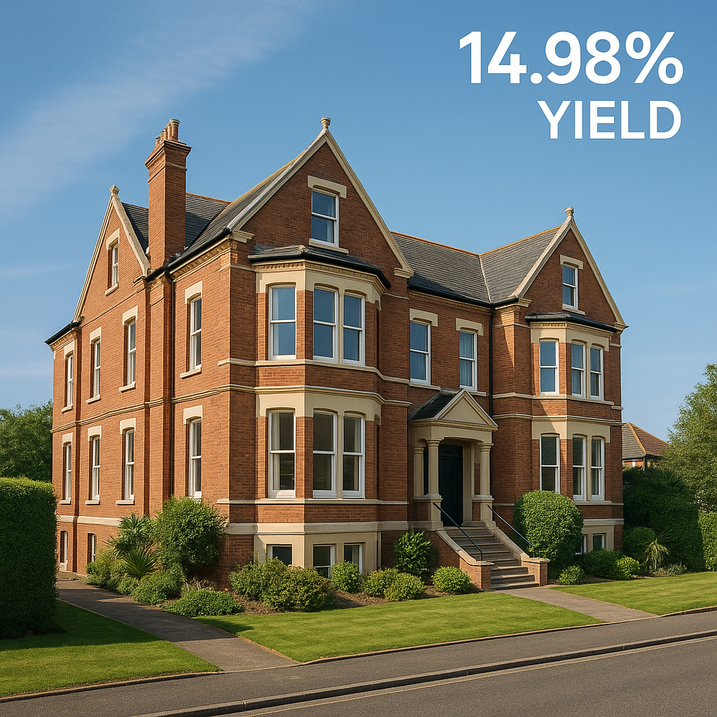 Property for sale A large, elegant brick house with manicured hedges and lawn, ideal as a Clacton licensed hostel investment. Text in the top right corner reads “14.98% YIELD.” The sky is clear and blue. Presented by Palace Auctions