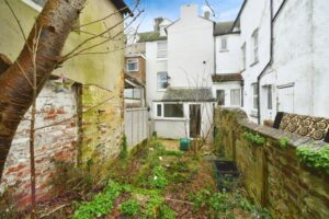 Property for sale Small, overgrown backyard with patchy grass, weeds, and mossy stone walls—ideal for a creative South Road investment. Surrounded by old white and brick houses; a bare tree and scattered items are visible. Presented by Palace Auctions