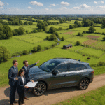 Property for sale Three people in business attire stand by a parked SUV on a rural road, likely cash-ready rural land buyers from London, reviewing papers and pointing toward scenic green fields, fences, trees, and grazing horses under a clear blue sky. Presented by Palace Auctions