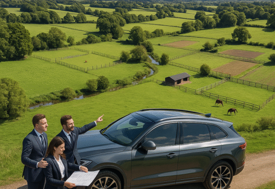 Property for sale Three people in business attire stand by a parked SUV on a rural road, likely cash-ready rural land buyers from London, reviewing papers and pointing toward scenic green fields, fences, trees, and grazing horses under a clear blue sky. Presented by Palace Auctions