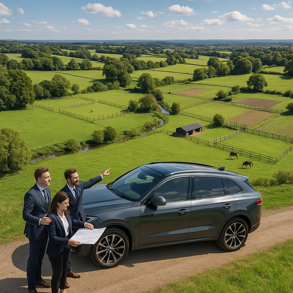 Property for sale Three people in business attire stand by a parked SUV on a rural road, likely cash-ready rural land buyers from London, reviewing papers and pointing toward scenic green fields, fences, trees, and grazing horses under a clear blue sky. Presented by Palace Auctions