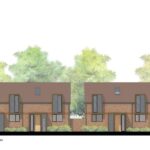 Property for sale Architectural illustration of two modern, two-story brick houses with large windows and flat roofs, set against a backdrop of green trees and shrubs, labeled "proposed street scenes. Presented by Palace Auctions