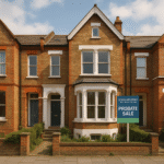 Property for sale A Victorian-style terraced house with a "Probate Sale" sign outside on Stanlake Road W12, offering a compelling W12 7HG development opportunity, situated on a city street under a partly cloudy sky. Presented by Palace Auctions