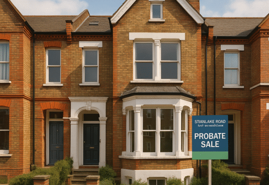 Property for sale A Victorian-style terraced house with a "Probate Sale" sign outside on Stanlake Road W12, offering a compelling W12 7HG development opportunity, situated on a city street under a partly cloudy sky. Presented by Palace Auctions