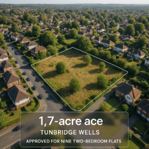 Property for sale Aerial view of a 1.7-acre vacant plot outlined among houses in Tunbridge Wells, with text stating it’s approved for nine two-bedroom flats—a high ROI development opportunity amidst lush greenery and residential streets. Presented by Palace Auctions