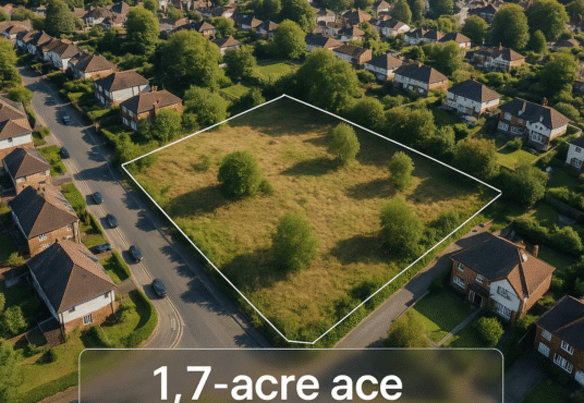 Property for sale Aerial view of a 1.7-acre vacant plot outlined among houses in Tunbridge Wells, with text stating it’s approved for nine two-bedroom flats—a high ROI development opportunity amidst lush greenery and residential streets. Presented by Palace Auctions