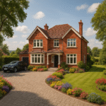 Property for sale A two-story red brick Surrey detached house with a tiled roof, large windows, and a covered front porch. A curved driveway, flower beds, and manicured lawn surround the property. A dark car is parked on the drive. Presented by Palace Auctions