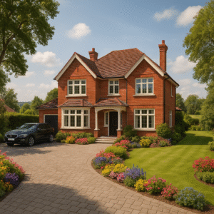 Property for sale A two-story red brick Surrey detached house with a tiled roof, large windows, and a covered front porch. A curved driveway, flower beds, and manicured lawn surround the property. A dark car is parked on the drive. Presented by Palace Auctions