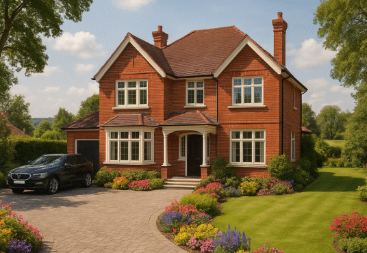 Property for sale A two-story red brick Surrey detached house with a tiled roof, large windows, and a covered front porch. A curved driveway, flower beds, and manicured lawn surround the property. A dark car is parked on the drive. Presented by Palace Auctions