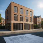 Property for sale A three-story modern brick building with large windows stands on a sunny street. In the foreground, architectural plans of the building are laid out on the pavement. Traditional houses are visible nearby. Presented by Palace Auctions