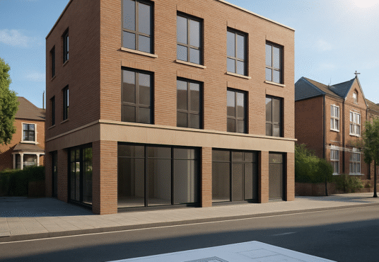 Property for sale A three-story modern brick building with large windows stands on a sunny street. In the foreground, architectural plans of the building are laid out on the pavement. Traditional houses are visible nearby. Presented by Palace Auctions