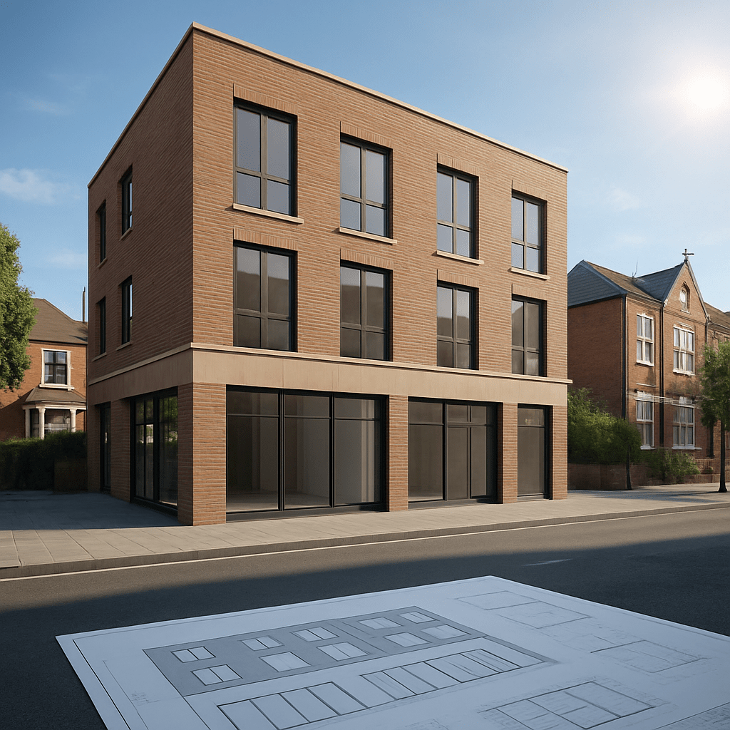 Property for sale A three-story modern brick building with large windows stands on a sunny street. In the foreground, architectural plans of the building are laid out on the pavement. Traditional houses are visible nearby. Presented by Palace Auctions