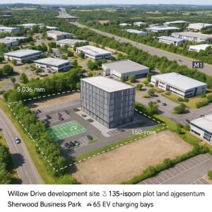Property for sale Aerial view of Sherwood Business Park land with a highlighted plot labeled "Willow Drive development site," showing the proposed office building, parking area, 65 EV charging bays, and nearby roads, including the M1 motorway in the background. Presented by Palace Auctions
