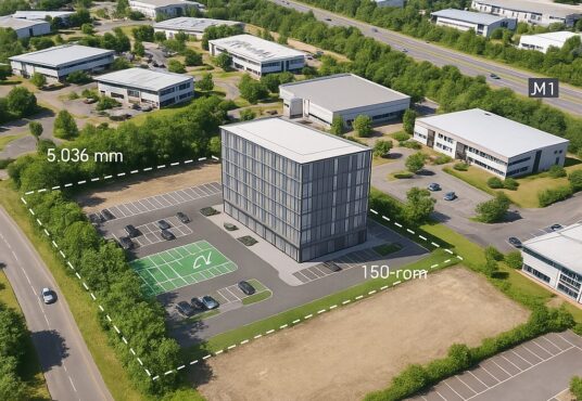 Property for sale Aerial view of Sherwood Business Park land with a highlighted plot labeled "Willow Drive development site," showing the proposed office building, parking area, 65 EV charging bays, and nearby roads, including the M1 motorway in the background. Presented by Palace Auctions