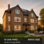 Property for sale A large, modern three-story brick house on North Circular Rd NW10 with multiple windows, a front lawn, outdoor seating area, and evening lighting. Text overlay reads: "6-unit HMO North Circular Rd NW10 0QS. Presented by Palace Auctions