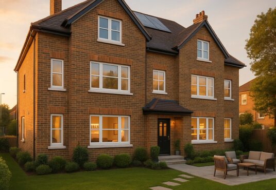 Property for sale A large, modern three-story brick house on North Circular Rd NW10 with multiple windows, a front lawn, outdoor seating area, and evening lighting. Text overlay reads: "6-unit HMO North Circular Rd NW10 0QS. Presented by Palace Auctions