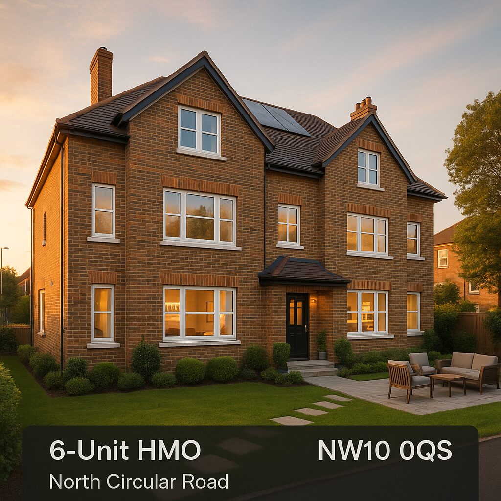 Property for sale A large, modern three-story brick house on North Circular Rd NW10 with multiple windows, a front lawn, outdoor seating area, and evening lighting. Text overlay reads: "6-unit HMO North Circular Rd NW10 0QS. Presented by Palace Auctions