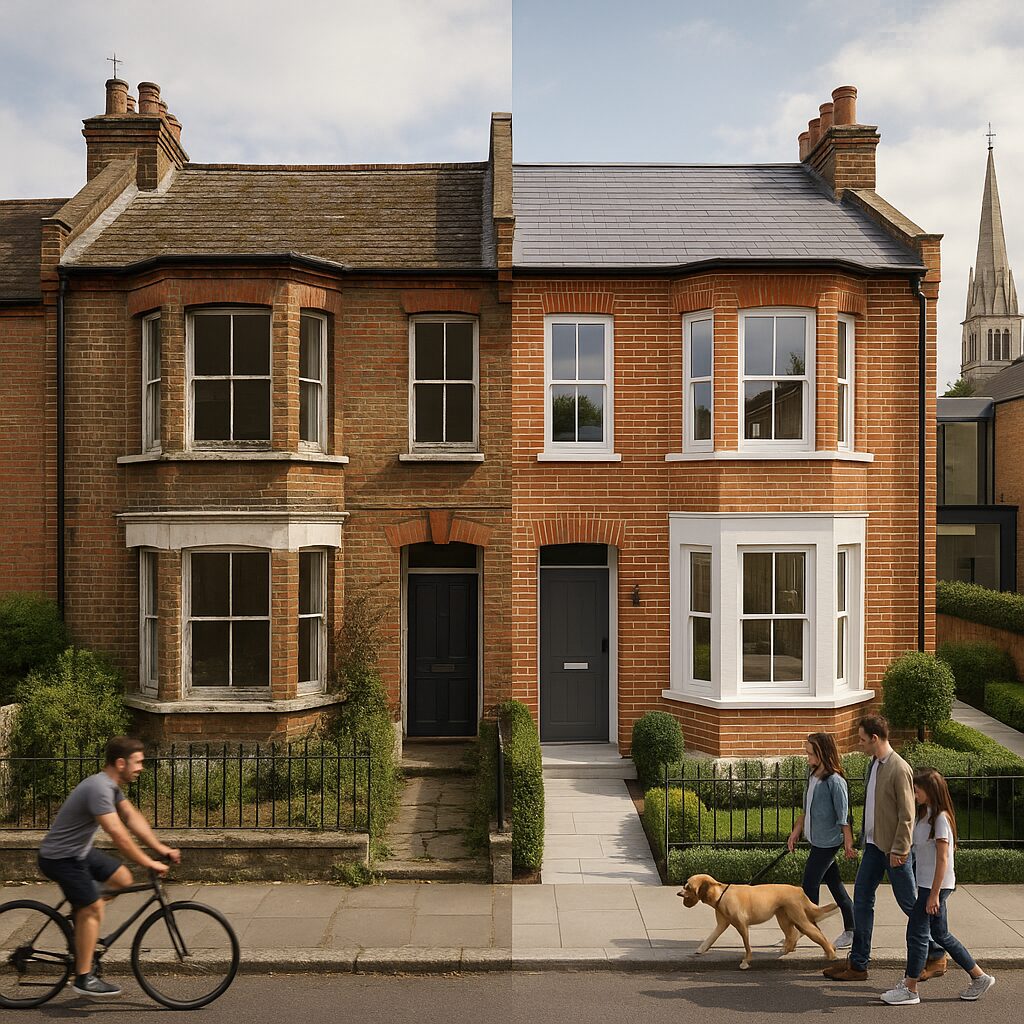 Property for sale A 3-bedroom Victorian house is divided down the middle; one half is old and weathered, the other modern and renovated. A man cycles past, while a family with a dog walks by. In the background, a church steeple rises over London N22. Presented by Palace Auctions