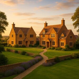 Property for sale Two charming stone houses with steep roofs and tall chimneys are pictured at sunset on planning approved Banbury plots. Surrounded by manicured lawns and winding stone paths, they create a peaceful, picturesque countryside scene. Presented by Palace Auctions