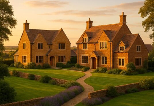 Property for sale Two charming stone houses with steep roofs and tall chimneys are pictured at sunset on planning approved Banbury plots. Surrounded by manicured lawns and winding stone paths, they create a peaceful, picturesque countryside scene. Presented by Palace Auctions