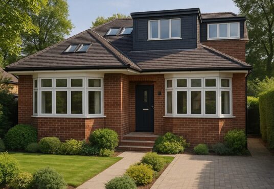 Property for sale A modern brick house with large white-trimmed windows, a dark front door, and a neat front yard—this Uxbridge auction property features potential for two-storey extension planning, all surrounded by lush greenery on a sunny day. Presented by Palace Auctions