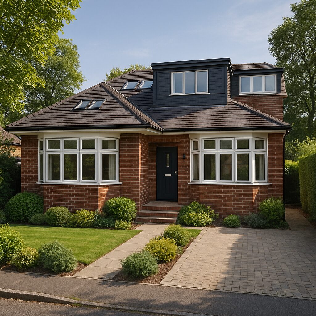 Property for sale A modern brick house with large white-trimmed windows, a dark front door, and a neat front yard—this Uxbridge auction property features potential for two-storey extension planning, all surrounded by lush greenery on a sunny day. Presented by Palace Auctions