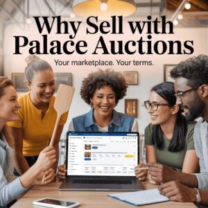Property for sale Four smiling people gather around a table, looking at a laptop displaying the Palace Auctions website. Large text above them reads, "Why Sell with Palace Auctions. Your marketplace. Your terms. Discover auctions made easy. Presented by Palace Auctions