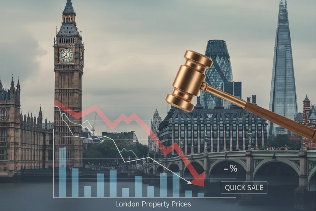 Property for sale A London cityscape with Big Ben and The Shard, overlaid with a declining property price graph, a gavel, and text about sellers using auctions for quicker sales in 2025. Presented by Palace Auctions