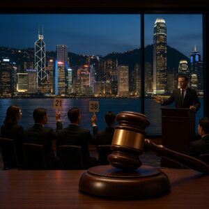 An auction unfolds in a high-rise room overlooking the glittering Hong Kong skyline at night. Two people raise numbered paddles as an auctioneer speaks, while a gavel rests prominently in the foreground on a table. Presented by Palace Auctions