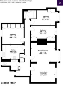 Property for sale Black and white floor plan labeled "Second Floor," showing a kitchen, utility room, dining room, reception room, three bedrooms, a bathroom, and a toilet, with room sizes indicated in meters and feet. Presented by Palace Auctions