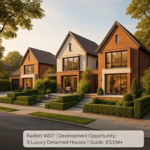 Property for sale Three modern detached brick houses with large windows, manicured lawns, and trimmed bushes. A sign reads: "Radlett development opportunity | 3 Luxury Detached Houses | Guide: £3.5M+ | WD7". Presented by Palace Auctions
