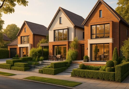 Property for sale Three modern detached brick houses with large windows, manicured lawns, and trimmed bushes. A sign reads: "Radlett development opportunity | 3 Luxury Detached Houses | Guide: £3.5M+ | WD7". Presented by Palace Auctions