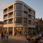 Property for sale A modern, curved building with large windows and a "CINEMA" sign at street level—an inviting Chorley investment property where people stroll by or relax at outdoor tables in the warm glow of sunset. Presented by Palace Auctions