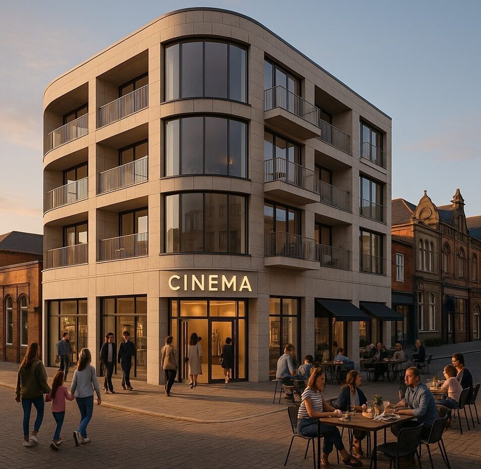Property for sale A modern, curved building with large windows and a "CINEMA" sign at street level—an inviting Chorley investment property where people stroll by or relax at outdoor tables in the warm glow of sunset. Presented by Palace Auctions