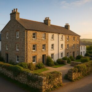 Property for sale A row of traditional stone townhouses with chimneys, neatly trimmed bushes, and walled front gardens, bathed in warm evening sunlight—a peaceful countryside auction investment property in St Austell. Presented by Palace Auctions
