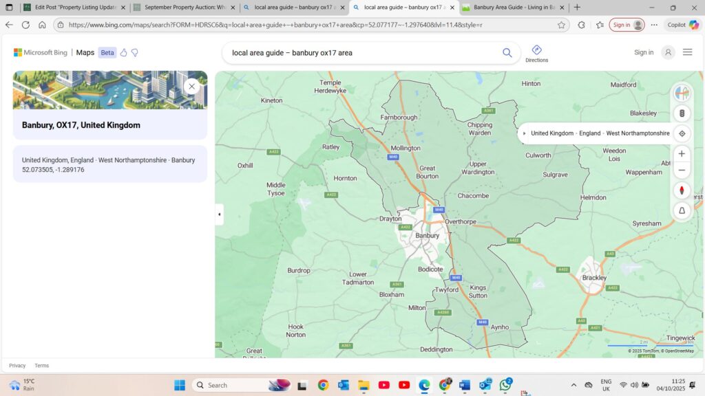 Property for sale A screenshot of a Bing Maps page showing Banbury, OX17, United Kingdom, with nearby towns and green land. Roads are highlighted, and browser tabs and taskbar are visible. Ideal for exploring locations to find 6-bed houses or self-build houses in the area. Presented by Palace Auctions