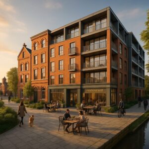 Property for sale A modern brick apartment building at the CV9 development site features balconies, a ground-floor restaurant with outdoor tables, and overlooks a sunlit plaza where people dine, walk, and cycle. Nearby, trees and a canal add charm as a person walks their dog. Presented by Palace Auctions