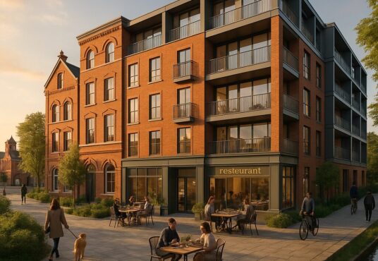 Property for sale A modern brick apartment building at the CV9 development site features balconies, a ground-floor restaurant with outdoor tables, and overlooks a sunlit plaza where people dine, walk, and cycle. Nearby, trees and a canal add charm as a person walks their dog. Presented by Palace Auctions
