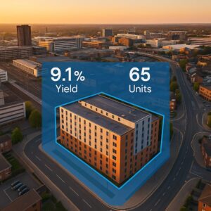Property for sale Aerial view of a modern Coventry student accommodation block with overlay text "9.1% Yield" and "65 Units," set within a cityscape at sunset. The building, ideal for PBSA investment UK, is highlighted with a blue 3D graphic. Presented by Palace Auctions