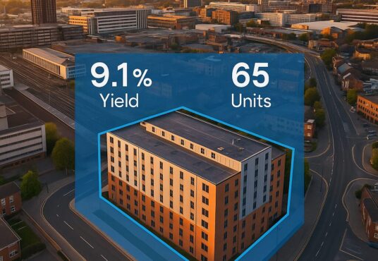Property for sale Aerial view of a modern Coventry student accommodation block with overlay text "9.1% Yield" and "65 Units," set within a cityscape at sunset. The building, ideal for PBSA investment UK, is highlighted with a blue 3D graphic. Presented by Palace Auctions