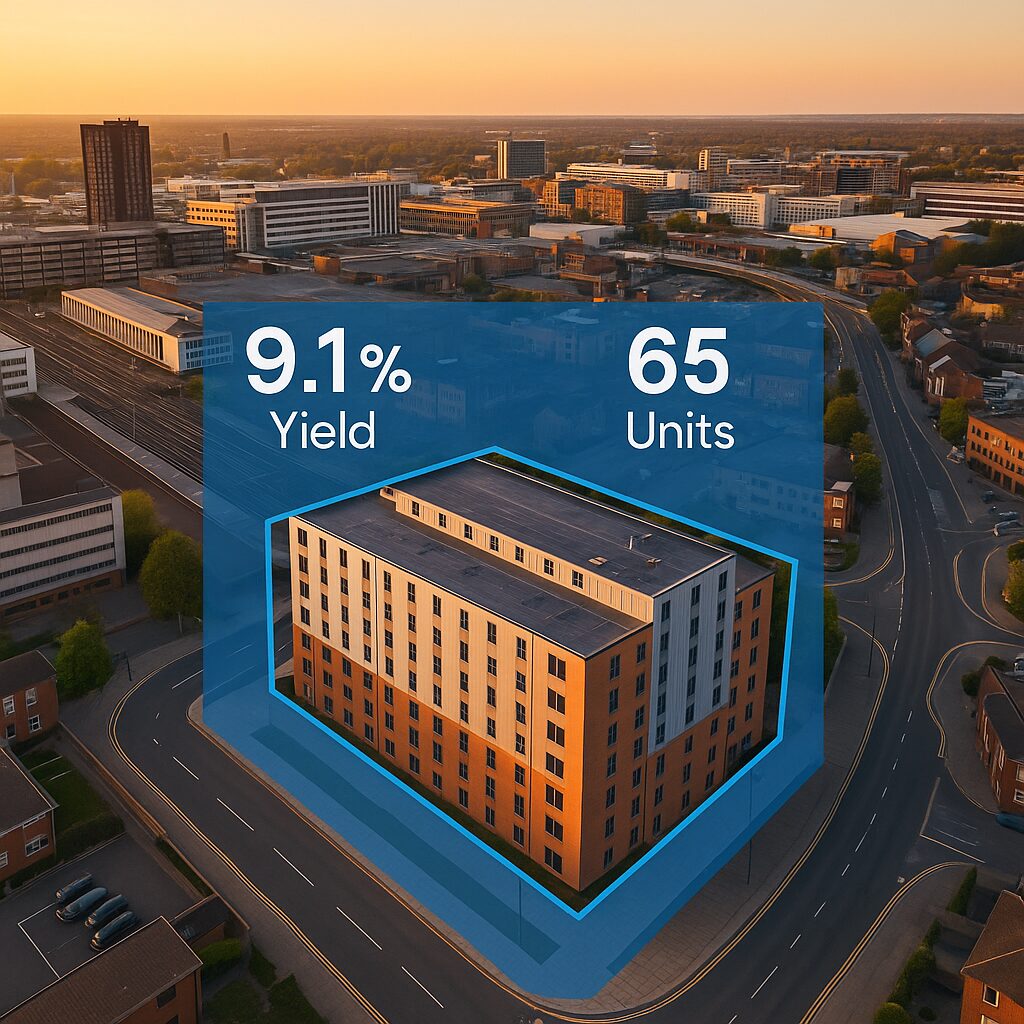 Property for sale Aerial view of a modern Coventry student accommodation block with overlay text "9.1% Yield" and "65 Units," set within a cityscape at sunset. The building, ideal for PBSA investment UK, is highlighted with a blue 3D graphic. Presented by Palace Auctions