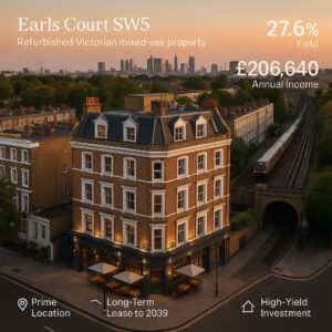 Property for sale Aerial view of a refurbished Earls Court mixed-use block at sunset in SW5, London, with a passing train and city skyline. Overlaid text highlights yield, annual income, and SPV property purchase investment features. Presented by Palace Auctions